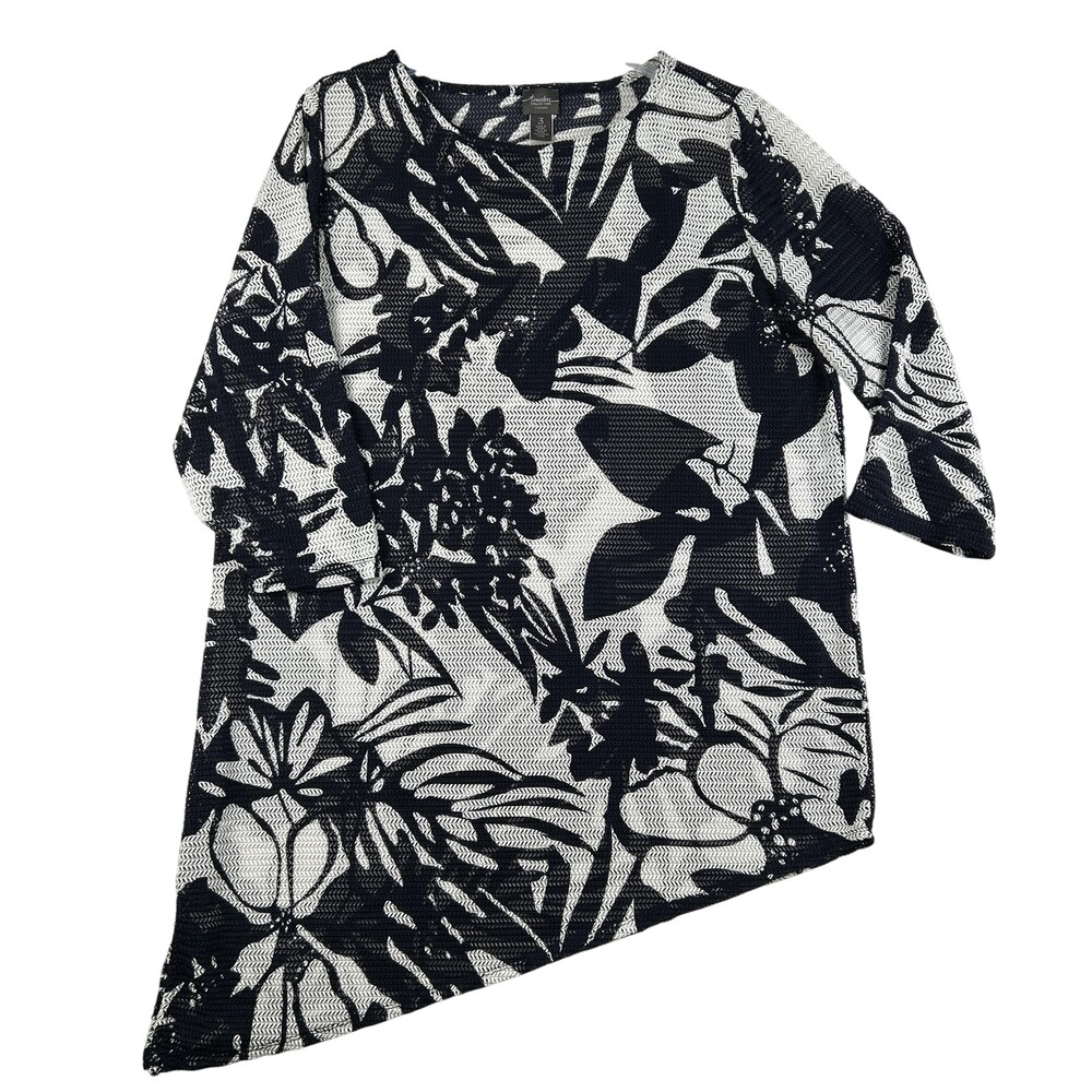 Chico's Blouse Womens 3 Black White Floral Travelers Tunic Asym Hem 3/4 Sleeve
